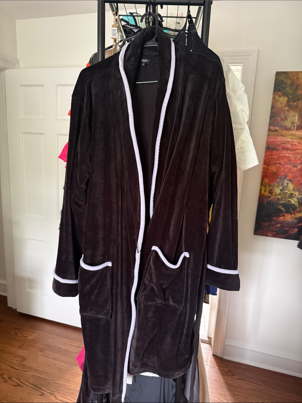 Women's Black Plush Long Coat with White Trim - Relaxed Open Front